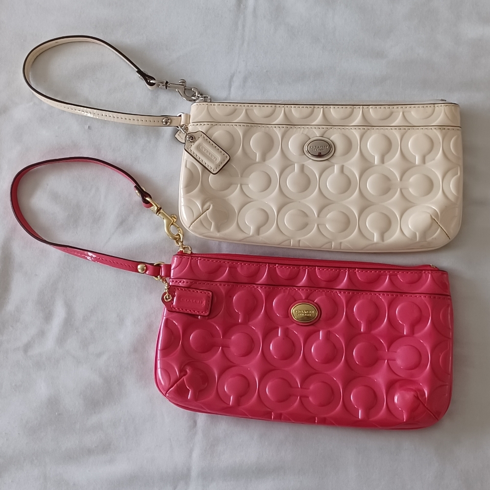 Coach Patent Leather Wristlet Clutch - Cream & Pink